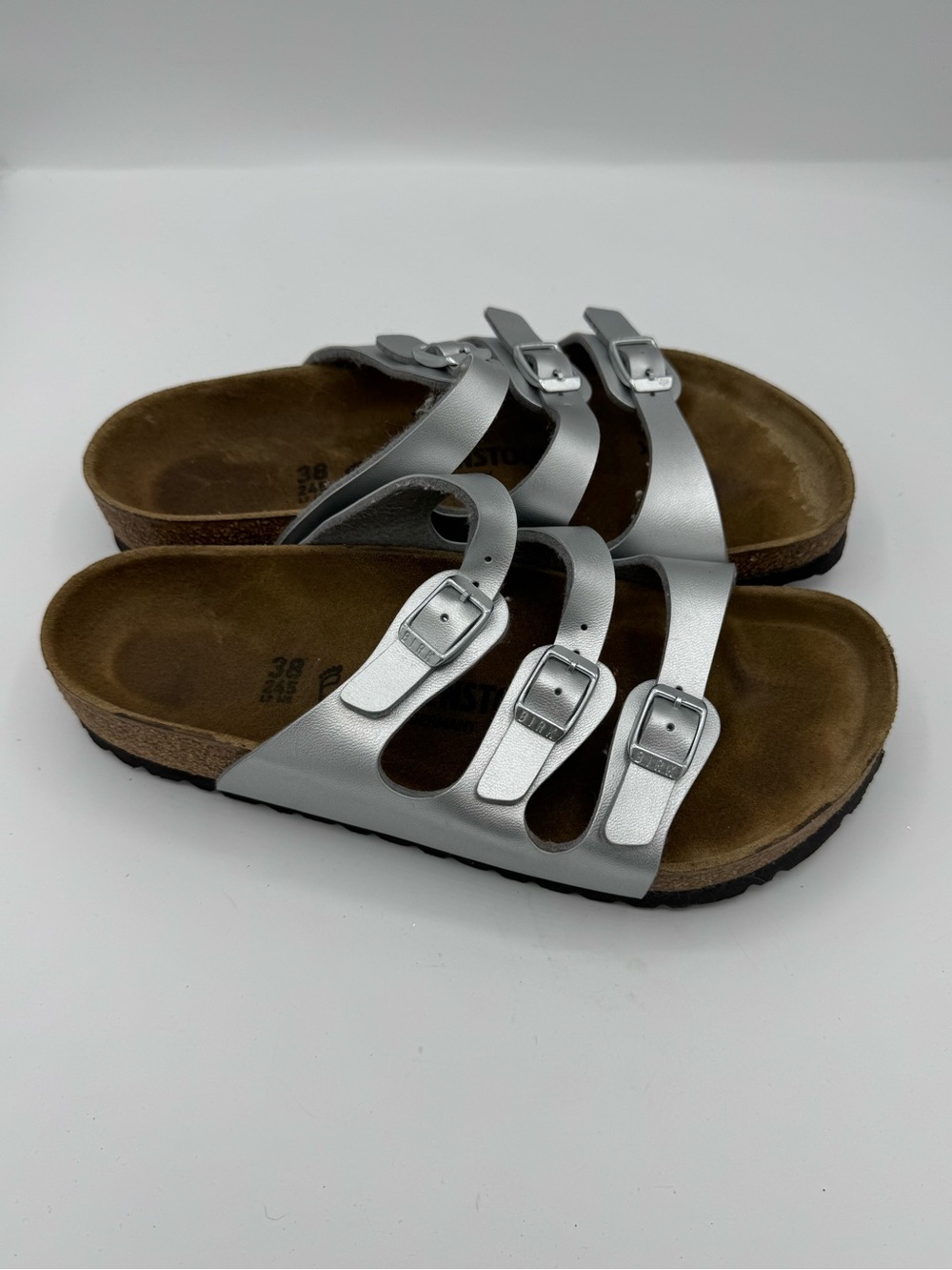 Birkenstock Florida sandals size 38 Birko Flor 3 strap metallic silver slip on